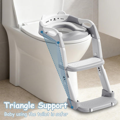 3-in-1 Baby Potty Training Seat with 2 Step Ladder, Splash Guard Anti-Slip Pad, Height Adjustable Toddler Toilet Seat with Soft Cushion for Kids Boys Girls(Grey)