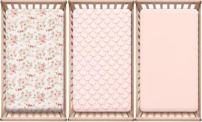 PHF 3 Pack Soft Mini Crib Sheets, Floral & Animal Pack N Play Sheets for Baby Boys Girls, No Slip Universal Fit for Pack N Play, Playard, Portable and Mini Crib Mattresses,Floral & Animal