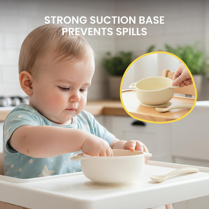 Lulyboo Silicone Baby Feeding Bowl with Handles, Lid & Spoon - Packable, Spill-Proof, Dishwasher Safe, Non-Slip Suction, for Toddlers 6+ Months (Ivory)