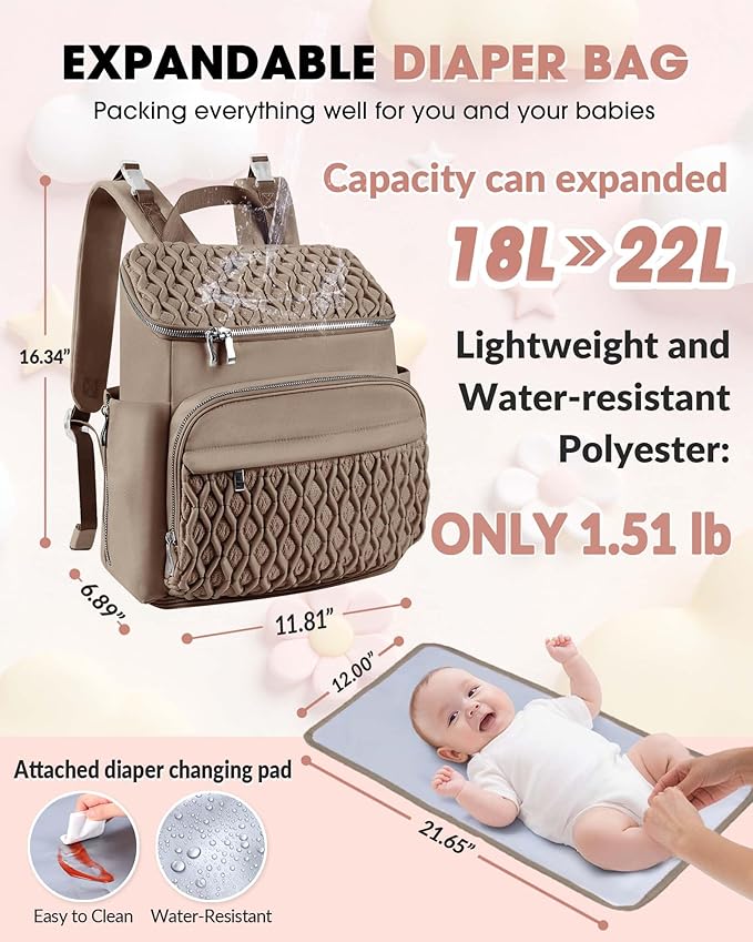 Diaper Bag Backpack, Large Baby Bag for Girl Boy, Travel Diaper Backpack with Insulated Pocket, Cute Diaper Bag Stroller Straps, Baby Shower & Registry Gift for Mom Dad Beige