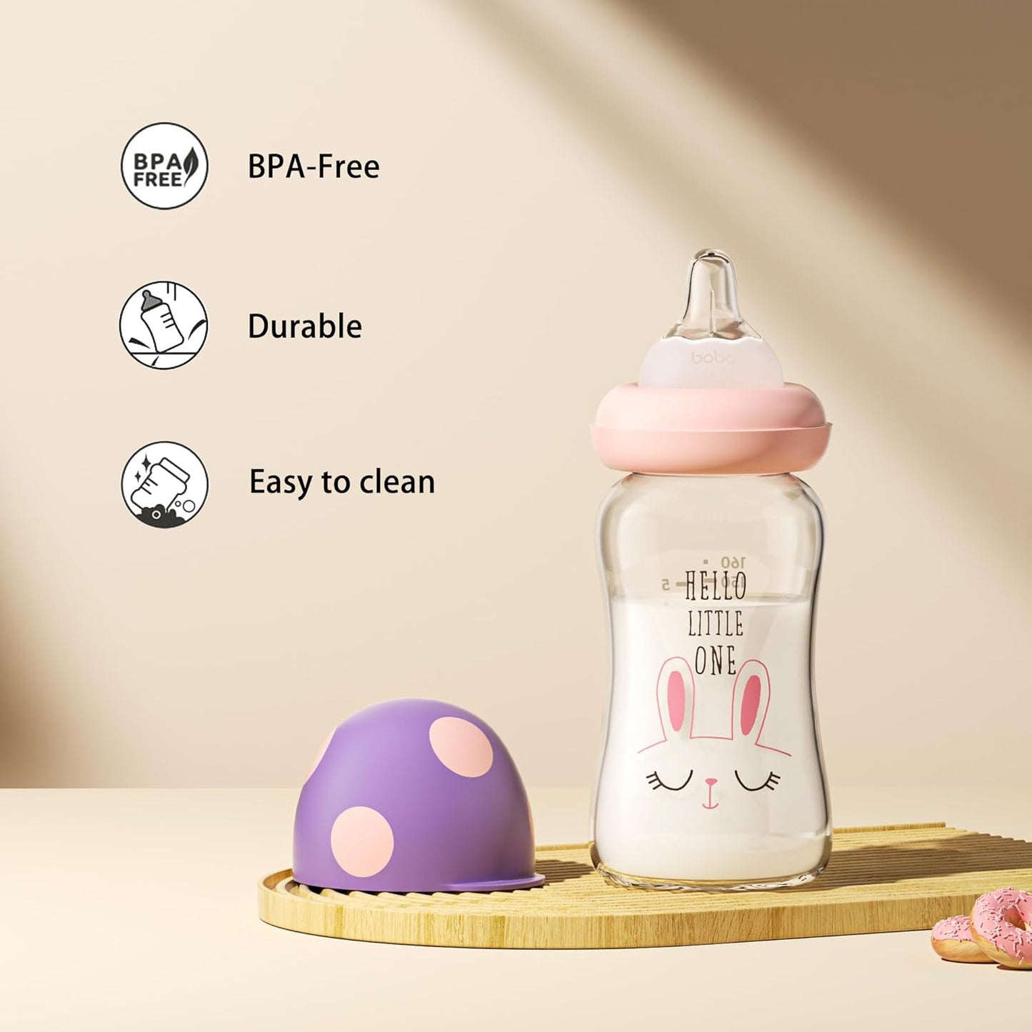 YOHKOH Natural Glass Baby Bottle with Level 1 Slow Flow Nipple, Newborn Anti-Colic Baby Bottles, Wide Neck Mushroom Baby Glass Bottle (Multicolour-A, 3.4oz (Pack of 4))