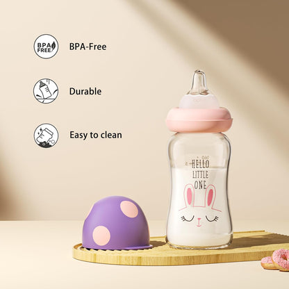 YOHKOH Natural Glass Baby Bottle with Level 1 Slow Flow Nipple, Newborn Anti-Colic Baby Bottles, Wide Neck Mushroom Baby Glass Bottle (Multicolour-A, 3.4oz (Pack of 4))