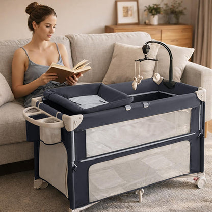 5-in-1 Baby Bassinet Bedside Sleeper, Foldable Pack and Play,One-Push Bedside Crib with Playard, Includes Mattress, Changing Table, Mosquito Net, Music Toy & Storage for Newborn to Toddler (Dark Grey)
