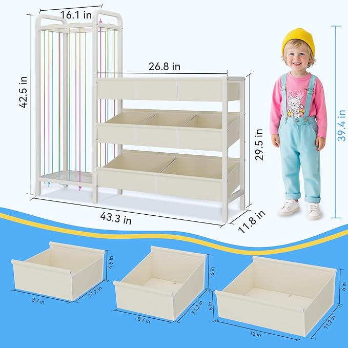 B6 Toy Storage Organizer with Stuffed Animal Storage, 3-Tier Wooden Shelves and 8 Bins, Toy Shelf Organizer, Kids Bookshelf and Toy Storage for Kids Room, Bedroom, Playroom, Nursery, White