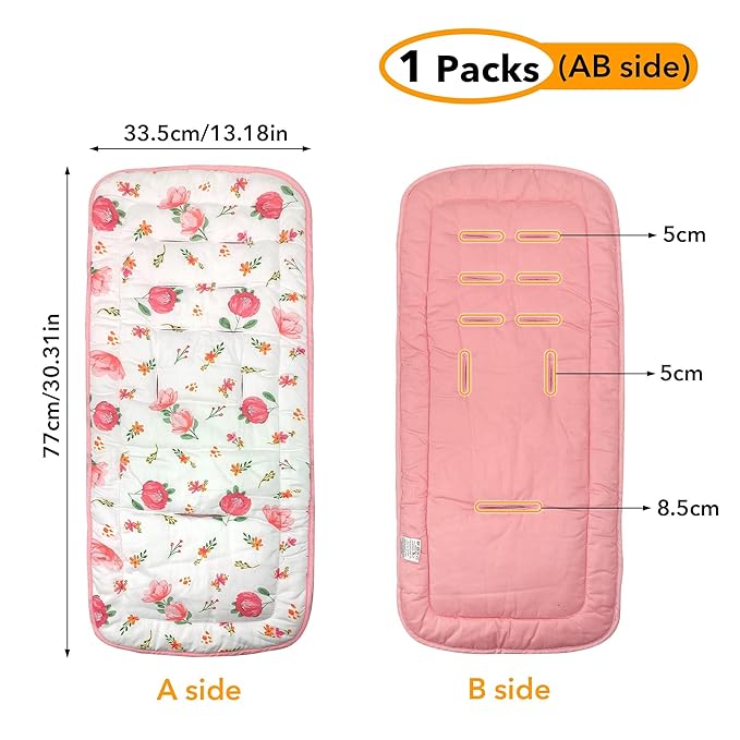 Baby Stroller Cushion,Infant Car Seat Insert-Reversible Universal Breathable and Soft Newborn seat Liner for Stroller,100% Cotton Seat Pad Liner for Newborns-34x78cm,1 Pack(Flowers+Pink)