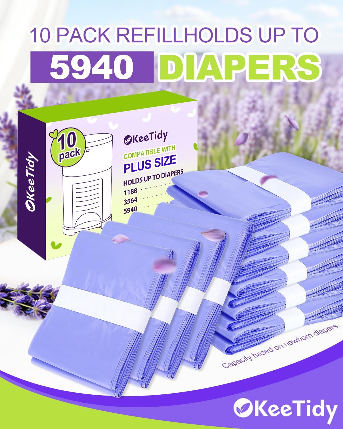 Diaper Pail Refill Bags Compatible with DEKOR PLUS Diaper Pails, 20% Extra Length Diaper Bags Disposable with Lavender Flavor, Holds up to 5940 Diapers, 10 Pack
