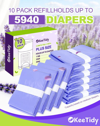 Diaper Pail Refill Bags Compatible with DEKOR PLUS Diaper Pails, 20% Extra Length Diaper Bags Disposable with Lavender Flavor, Holds up to 5940 Diapers, 10 Pack