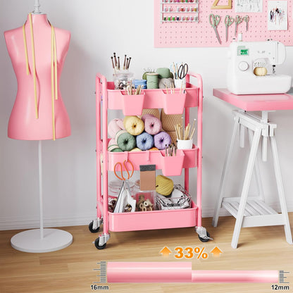 3 Tier Rolling Cart Metal with Lockable Wheels, Pink Three Tiered Diaper Caddy Cart Organizer on Wheels, Storage Utility Trolley Carts for Craft, Art, Nail, Lash, Baby Supplies, Cleaning, Mesh