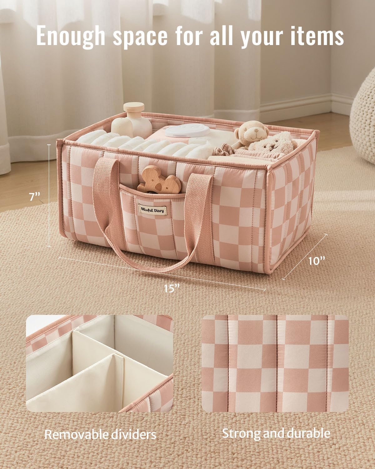 Blissful Diary Floral Diaper Caddy Organizer, Stylish Nursery Storage Basket, Gift for Baby Shower, Newborn Essentials, Floral Beige