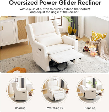 Large Glider Rocker Recliner,Rocking Chair Nursery with Adjustable Headrest,Swivel Rocker Recliner with Lumbar Support,Manual Nursery Rocker Recliner for Living Room& Bedroom,Chenille White