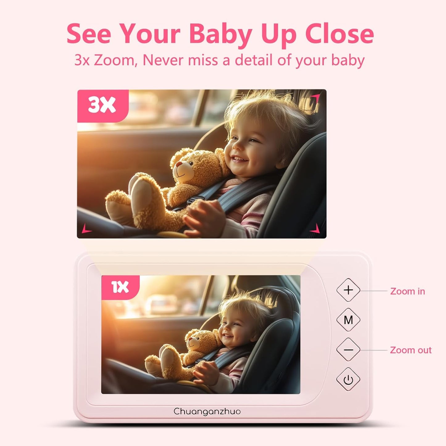 5'' Baby Car Camera with NO.1 Night Vision, USB Powered, Mirror/Normal Mode, 1080P IPS Crystal-Clear Car Baby Monitor With Brightness Setting & 3X Zoom, infant Backseat Camera, S100U, 5inch Black