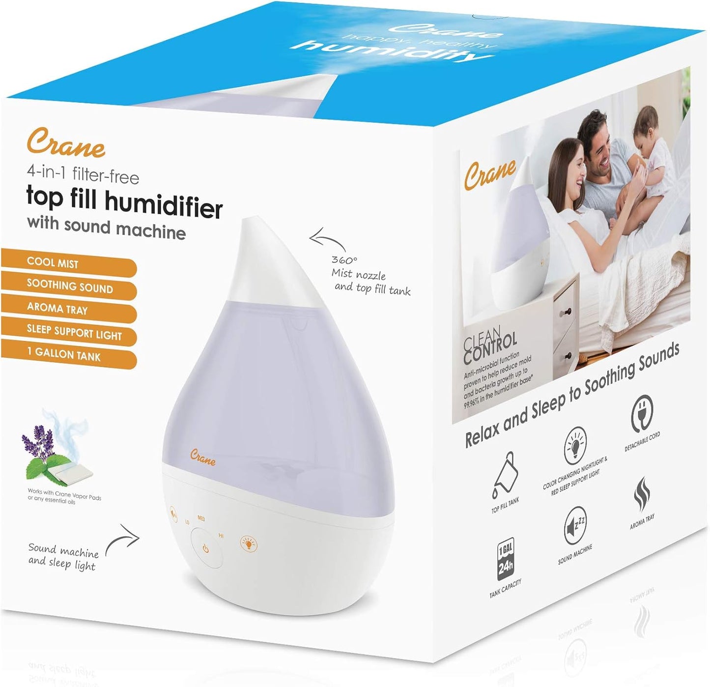 Crane 4-in-1 Drop 2.0 Ultrasonic Cool Mist Humidifier with Sound Machine, Night Light, Aroma Tray, 1 Gallon Top Fill, Blue & White