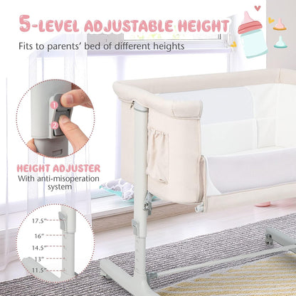 BABY JOY Bassinet Bedside Sleeper, 3 in 1 Folding Crib w/Adjustable Height, Mattress, Lockable Wheels, Storage Pocket & Carry Bag for Infant Newborn, Stationary & Rock, Portable Baby Bassinet (Grey)