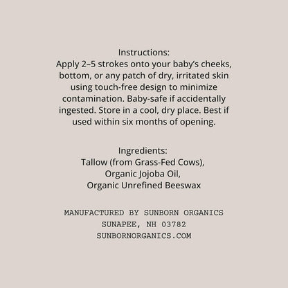 Baby Balm | 3 Natural Ingredient Moisturizing Stick for Eczema Relief, Sensitive Skin & Diaper Rash | Grass-Fed Tallow, Organic Jojoba & Beeswax | Lab Tested Baby-Safe, Made in USA