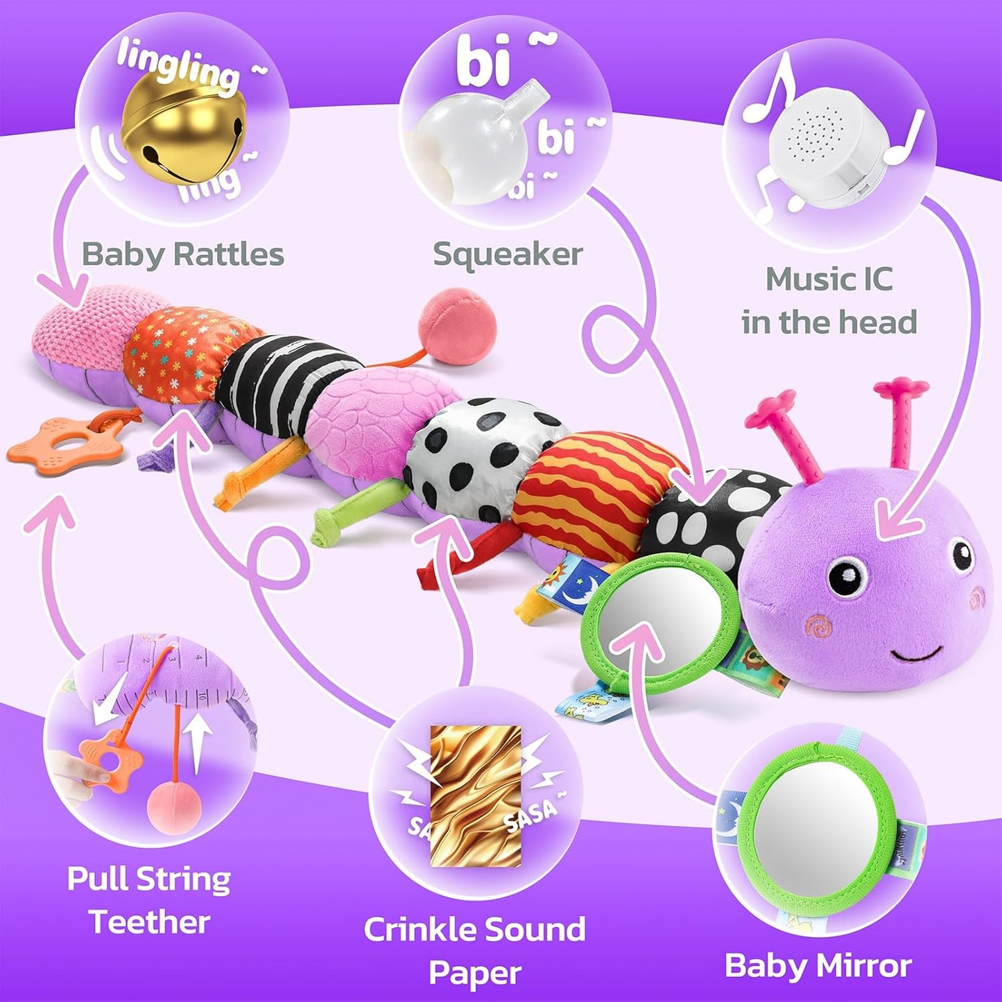 HEMRLY Baby Sensory Toy 0-6 Months, Musical Stuffed Caterpillar Plush with Teether, Crinkle, Rattle, Baby Mirror for Tummy Time, Infant Car Seat Toy for 0-3-6-12 Month Boys Girls Gifts - Knotted Green