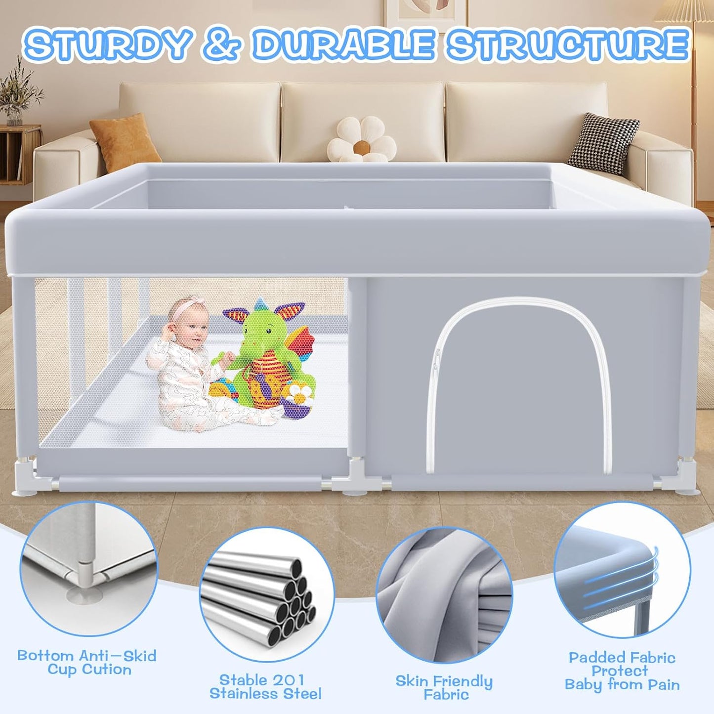 XVISHX Baby Playpen 50 x 50 Inch Play Pen Playards, Playpen for Babies and Toddlers, Baby Playard for Indoor & Outdoor Active Center Game Fence, with Skin-Friendly Fabric and Soft Breathable Mesh Grey