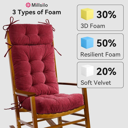 Millsilo Rocking Chair Cushions 3-Piece Set with Neck Pillow, Indoor Rocker Comfortable Tufted Non-Slip Pads with Ties, High-Density Foam Cushion for Adirondack Glider Chair, Orange, 52 x 19 x 4 Inch