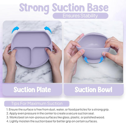 O'doe 17-Piece BPA-Free Silicone Baby Feeding Set | Thick & Soft Suction Plates, Baby Bowls, Wooden Fork & Spoon, and More | Make Mealtime Fun and Easy for Your Little One (Purple, V2)