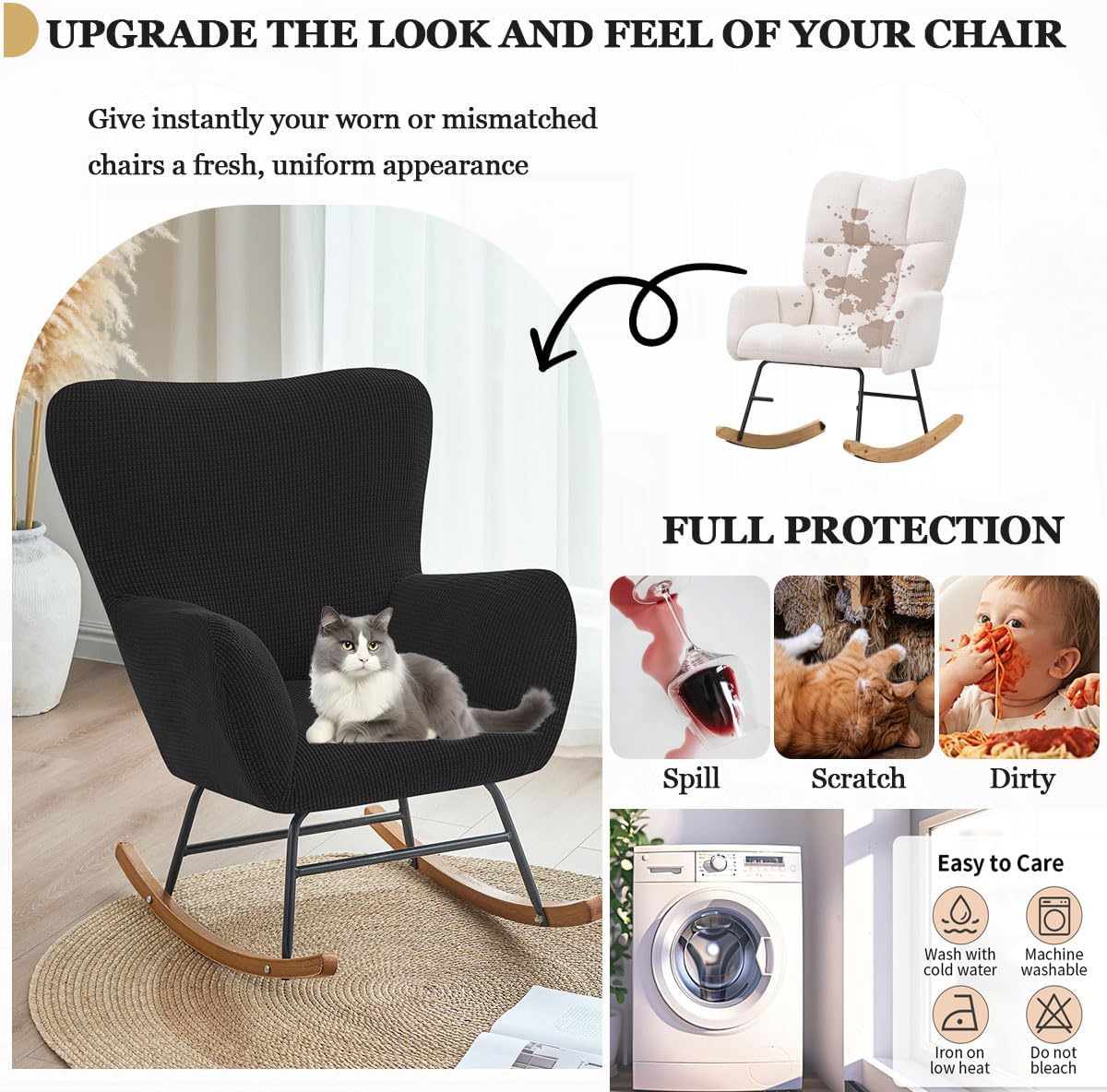 Levoberg Nursery Rocking Chair Cover Stretch Rocker Glider Chairs Cover Slipcovers Jacquard Rocking Accent Chair Cover Recliner Armchair Slipcover for Nursery Living Room Bedroom Office Black