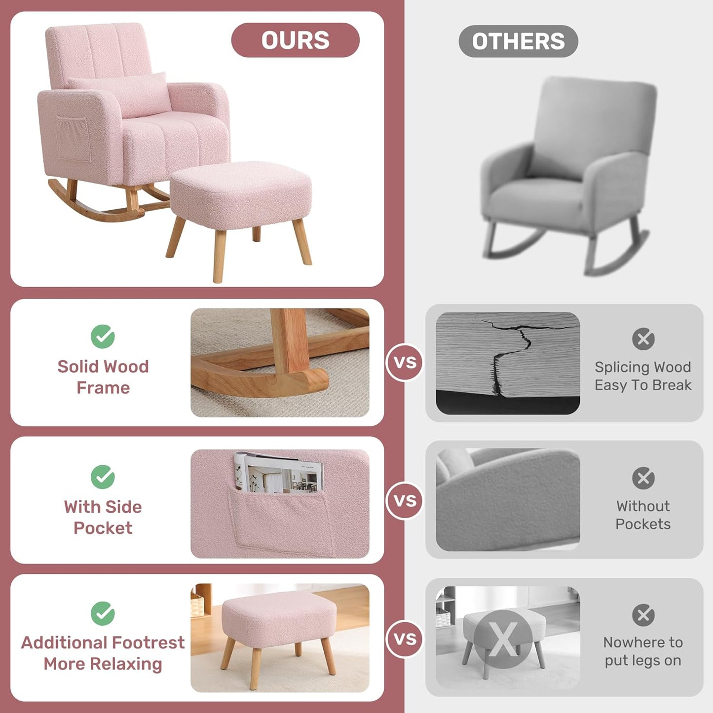 HCHAIRH Nursery Rocking Chair with Ottoman, Upholstered Glider Rocker with High Backrest Side Pocket, Rocking Accent Armchair with Solid Wood Legs for Nursery, Living Room, Bedroom, Light Grey