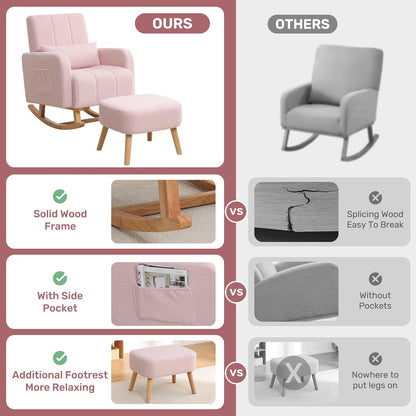 HCHAIRH Nursery Rocking Chair with Ottoman, Upholstered Glider Rocker with High Backrest Side Pocket, Rocking Accent Armchair with Solid Wood Legs for Nursery, Living Room, Bedroom, Light Grey