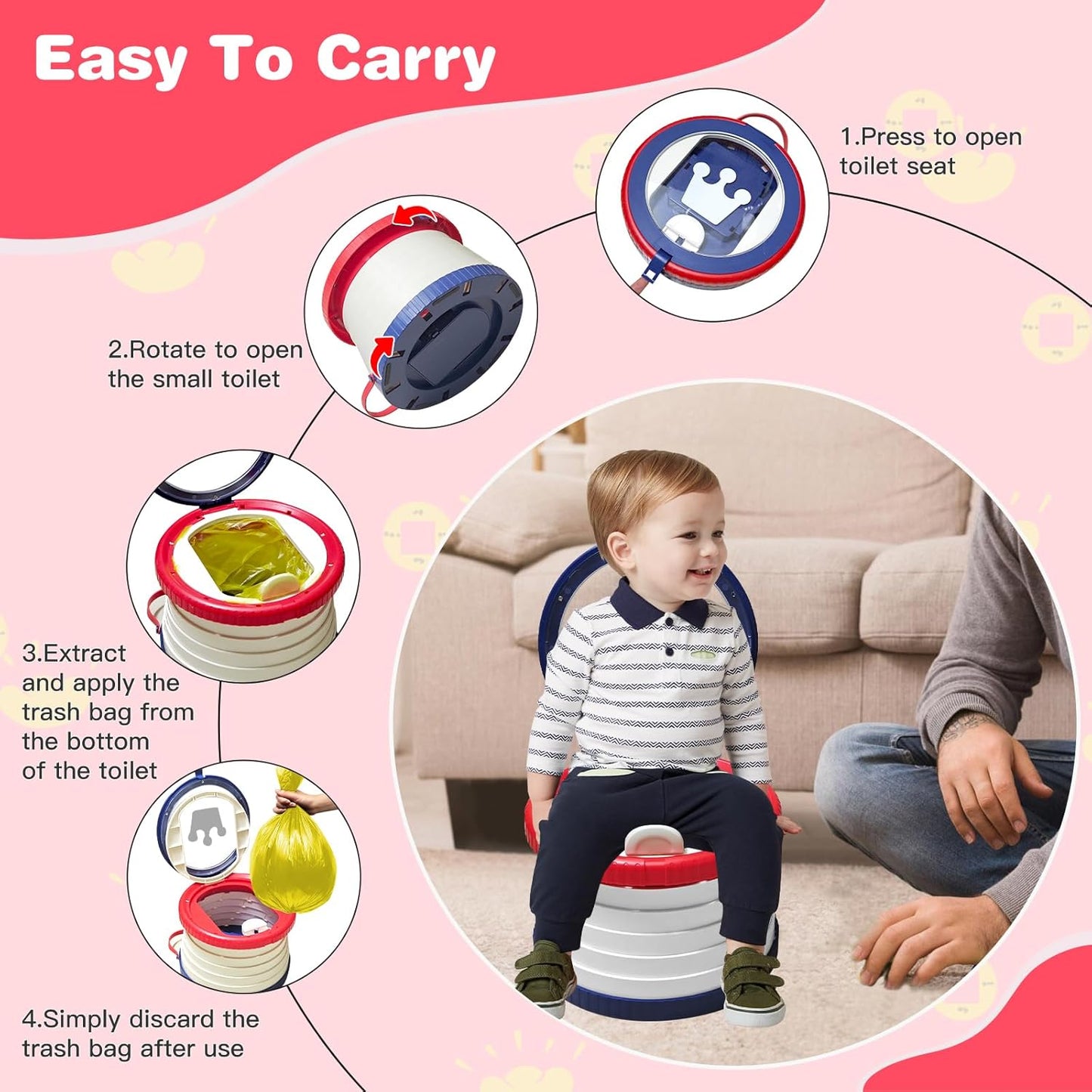 Portable Potty Chair for Toddlers with Splash-Proof Design, Foldable Travel Potty with Bag & 30 Refills - Kids Toilet for Car, Camping, Indoor - Easy Clean Baby Potty Training Seat(Red-blue)