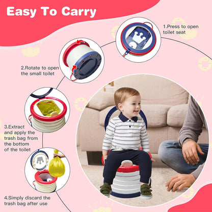 Portable Potty Chair for Toddlers with Splash-Proof Design, Foldable Travel Potty with Bag & 30 Refills - Kids Toilet for Car, Camping, Indoor - Easy Clean Baby Potty Training Seat(Red-blue)