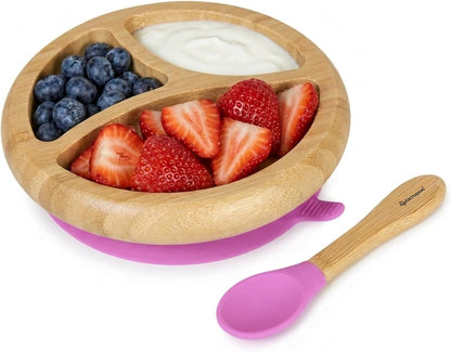 Abiie Octopod Bamboo Dish - Kids Plates for 4 months and up, 3-Compartment Baby Plates with Suction, Triangle Bamboo Baby Plate, Mess-Free Toddler Suction Plates, Baby Feeding Supplies, 8.3x1.9x7.7 in