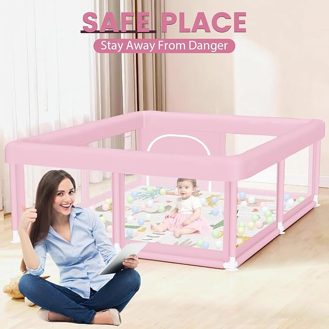 Hiaksedt Large Baby Playpen with Mat 50"x50" Baby Girl Play Pen for Babies and Toddlers, Safe Structure and Soft, Skin-Friendly Fabric with Zipper Gates Pink
