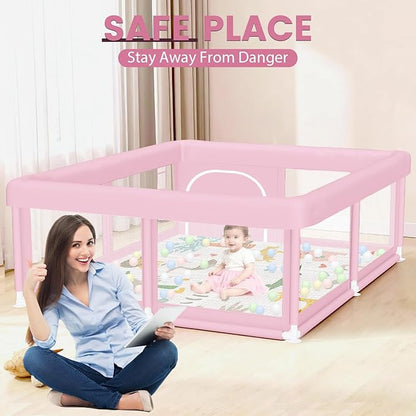 Hiaksedt Large Baby Playpen with Mat 50"x50" Baby Girl Play Pen for Babies and Toddlers, Safe Structure and Soft, Skin-Friendly Fabric with Zipper Gates Pink
