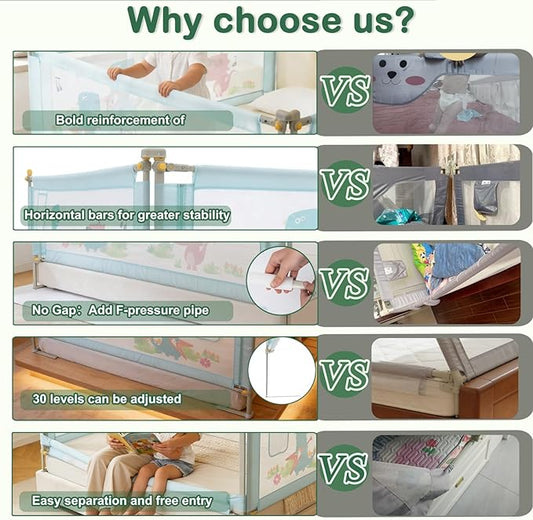 Bed Rail for Toddlers Twin, Full, Queen, King & Cal kingMattress Size | Swing Down Rail Guard | Mattress Side Rail for Kids (Blue Dinosaur, (3 Sides for Full Size) 75x75x54 Inch)