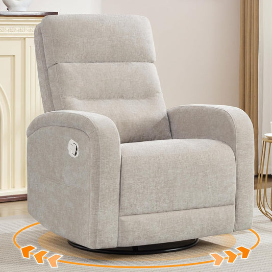 Swivel Rocker Recliner, Power Nursery Glider Recliner with Type-C & USB Port, Swivel Rocking Nursery Recliners with Double Pockets for Living Room Bedroom, Corduroy Cream White