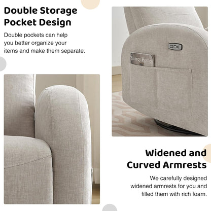 Nursery Glider Recliner, Power Swivel Rocking Recliner with USB & Type-C Port, Swivel Nursering Reclining Rocker with Double Pockets for Living Room, Camel Chenille