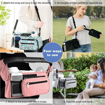 Baby Stroller Organizer, Universal Stroller Organizer with Detachable Phone Bag, Stroller Caddy with 2 Insulated Cup Holders, Buggy Organizer Bag with 2 Hooks Fits Most Strollers (Balck)