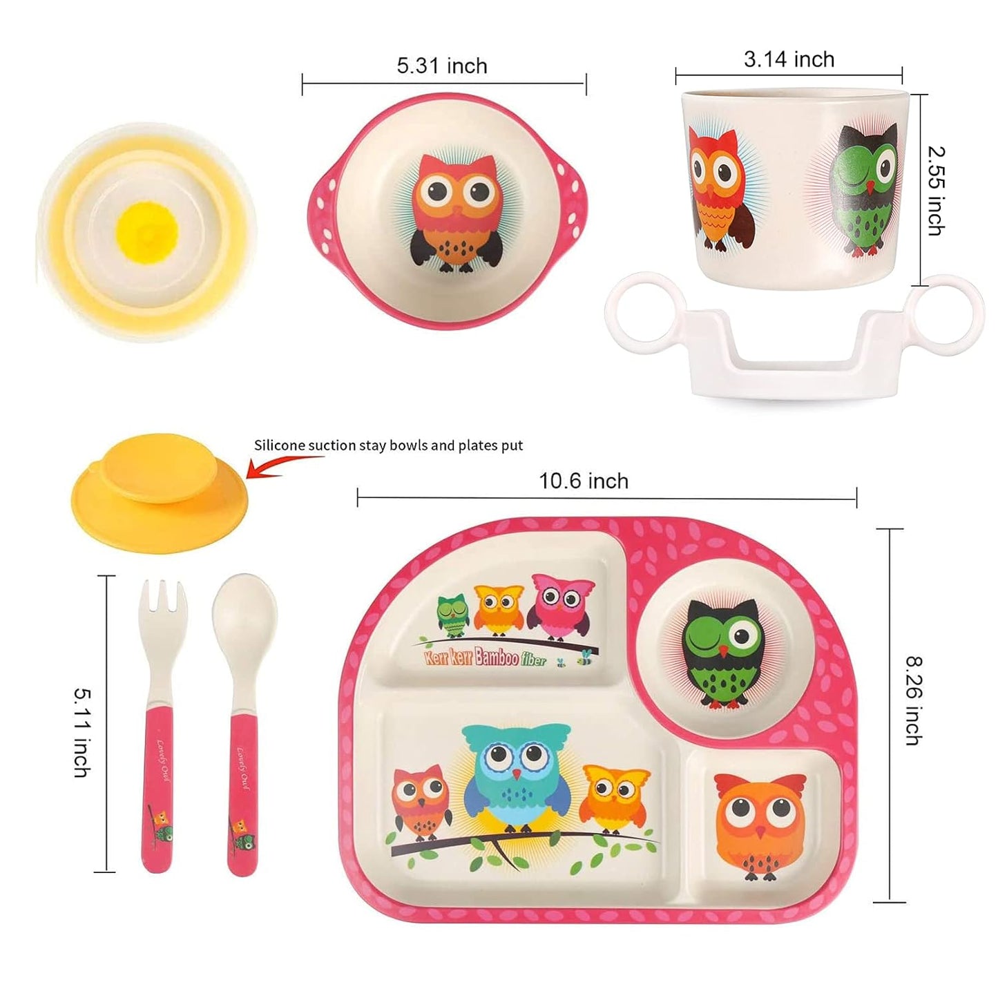 shopwithgreen 7Pcs/Set Bamboo Kids Dinnerware Set - Children Dishes - Food Plate Bowl Cup Spoon Fork Set Dishware, Cartoon Tableware, Dishwasher Safe Kids Healthy Mealtime, BPA Free