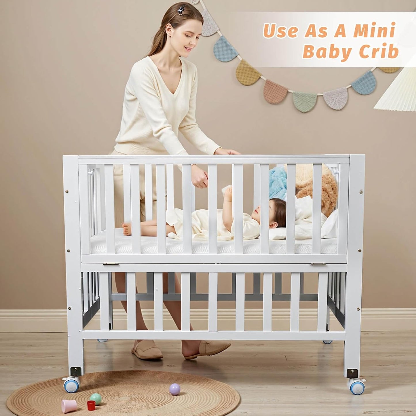 Flwrgirl Folding Wood Bedside Bassinet - Portable 4-in-1 Baby Bassinet with Breathable Mattress,3 Heights Baby Crib with Wheels,Mini Crib for Infant Newborn and Small Space,White