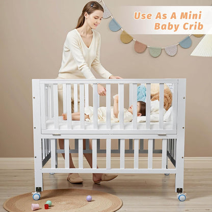 Flwrgirl Folding Wood Bedside Bassinet - Portable 4-in-1 Baby Bassinet with Breathable Mattress,3 Heights Baby Crib with Wheels,Mini Crib for Infant Newborn and Small Space,White