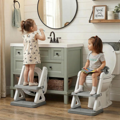 Potty Training Toilet Seat with Step Stool Ladder for Boys and Girls, 2 in 1 Potty Training Toilet, Splash Guard Anti-Slip Pad Step Stool（Gray-White) Pedal Upgrade
