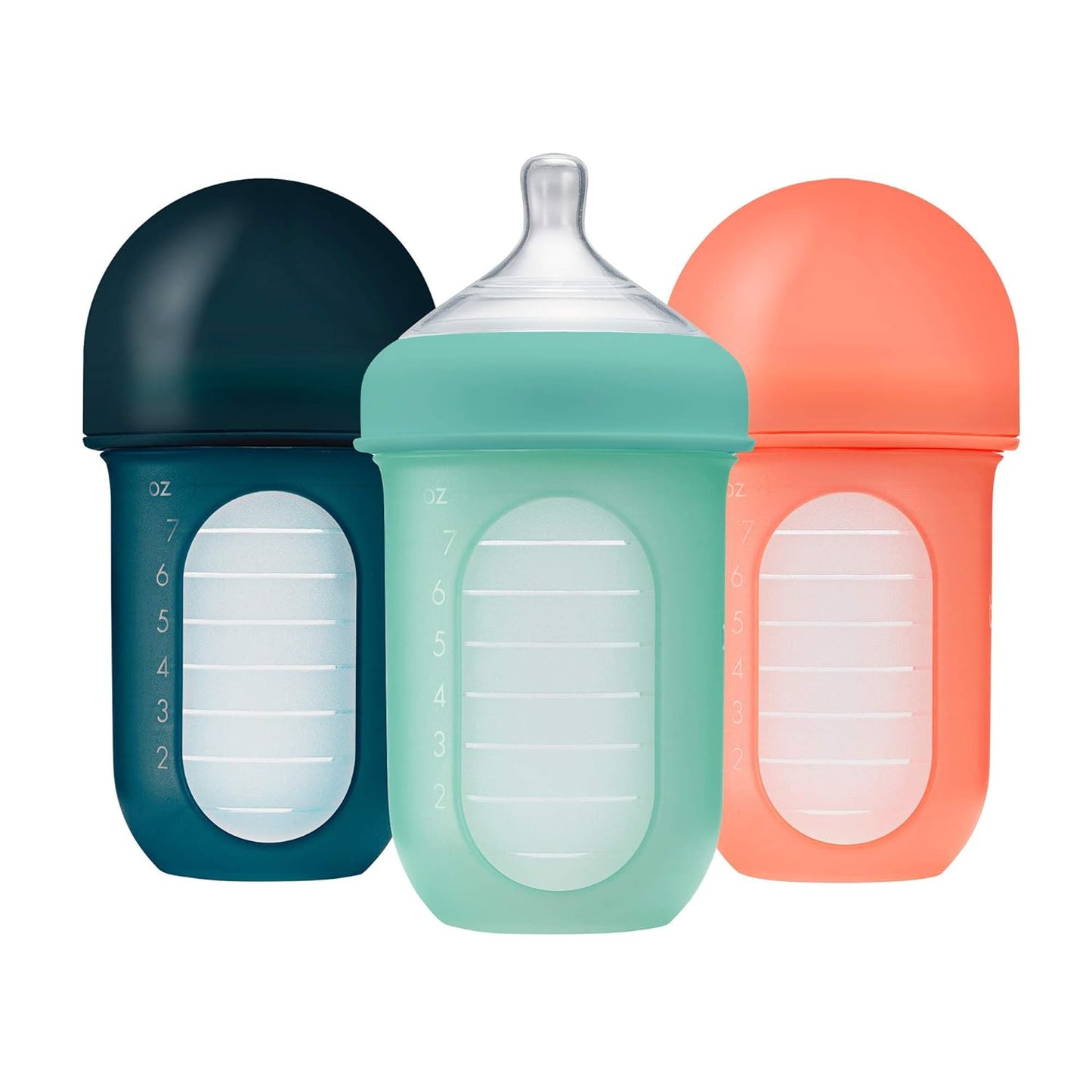 Boon Nursh Reusable Silicone Pouch Baby Bottles - Medium Flow Nipple - Silicone Baby Bottle Pouch and Nipple - Baby Feeding Essentials - Gray - 3-6 Months - 3 Count - 8 Ounce