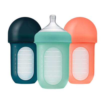 Boon Nursh Reusable Silicone Pouch Baby Bottles - Medium Flow Nipple - Silicone Baby Bottle Pouch and Nipple - Baby Feeding Essentials - Gray - 3-6 Months - 3 Count - 8 Ounce