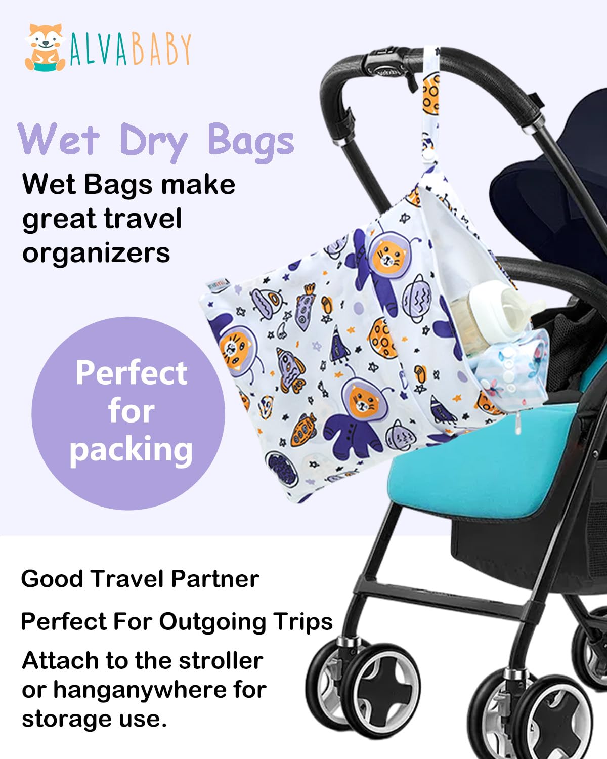 ALVA ALVABABY 3 Cloth Diaper Wet Dry Bags Waterproof Reusable with Two Zippered Pockets Travel Beach Pool Daycare Soiled Baby Items Yoga Gym Bag for Swimsuits or Wet Clothes Small medium Large - Colors A