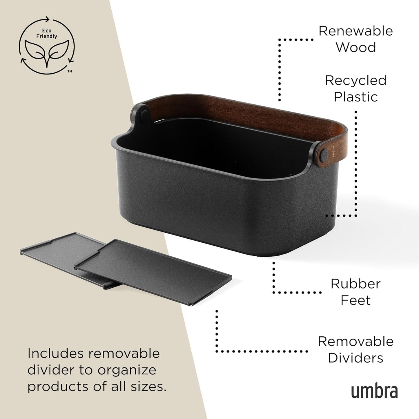 Umbra Bellwood Stackable Bin, 14" x 10" Durable Lightweight Container with Wooden Handle and Removable Dividers, Black/Walnut