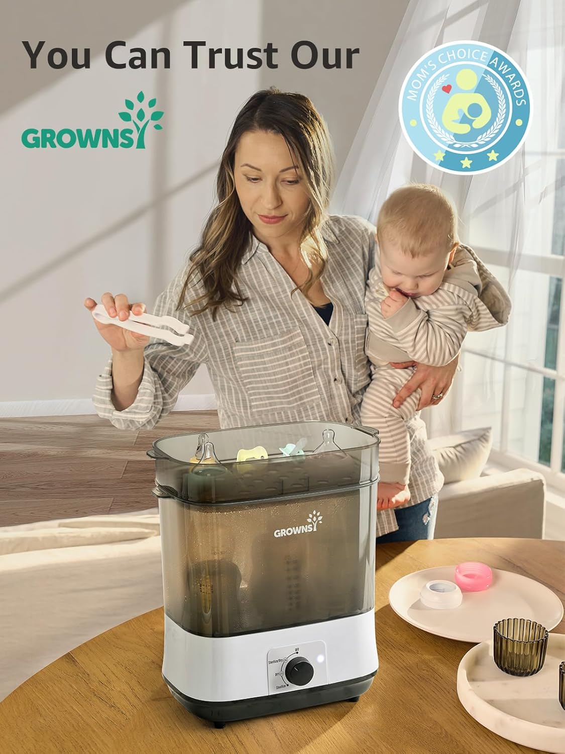 Grownsy Adjustable 4 in 1 Large Bottle Sterilizer and Dryer, 8 Bottles Capacity,Electric Steam Baby Bottle Sterilizer, Sanitizer for Baby Bottles & Pacifiers, Breast Pump Parts