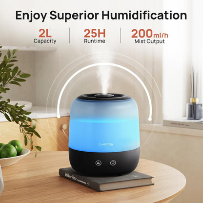 Clarston 2L Cool Mist Humidifier for Bedroom with 360° Adjustable Nozzle, High and Low Mist Levels, Ultra-Low Noise, Light-Off, No BPA, Auto Shut Off, Ideal Baby Humidifier with Easy Top Filling