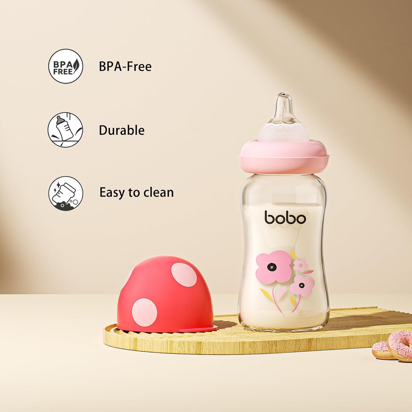 YOHKOH Natural Glass Baby Bottle with Level 1 Slow Flow Nipple, Newborn Anti-Colic Baby Bottles, Wide Neck Mushroom Baby Glass Bottle (Multicolour-A, 3.4oz (Pack of 4))