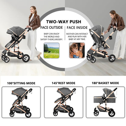 Kinder King 2 in 1 Convertible Baby Stroller, Folding High Landscape Infant Carriage, Newborn Reversible Pram, Adjustable Canopy, Diaper Bag, Pink