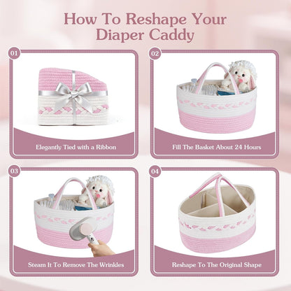 Diaper caddy Organizer, Cotton Rope Gift Basket with Removable Divider, Nursery Storage Organizer for Baby Essentials, Changing Table Diaper Storage Caddy (Pink)