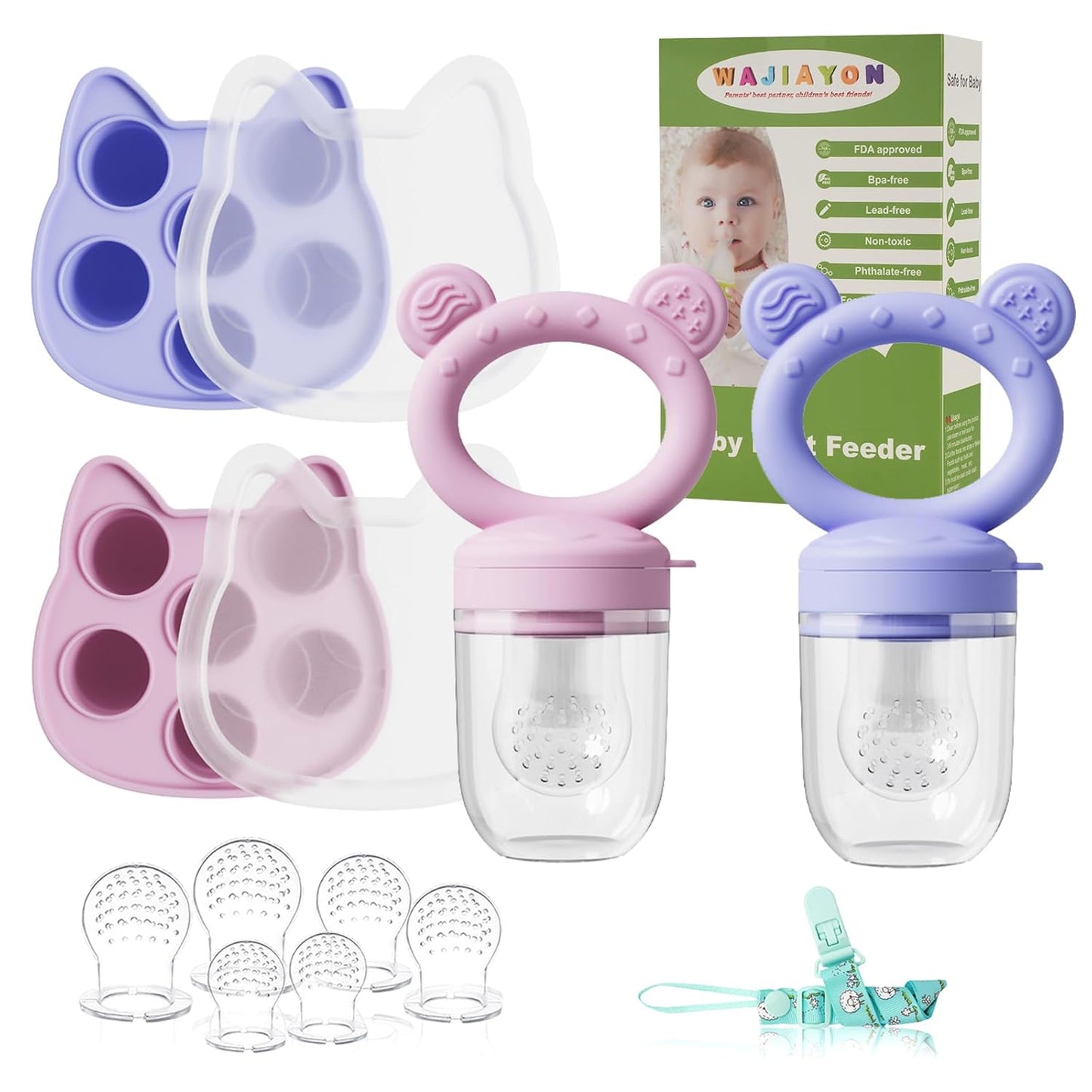 WAJIAYON Baby Breastmilk Popsicle Molds & Baby Fruit Feeder (4 Pack), Infant Food Freezer Tray Storage Containers, Silicone Teething Pacifier Feeder and Teether for Babies,Boys and Girls-Pink&Purple