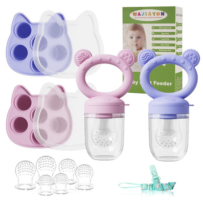 WAJIAYON Baby Breastmilk Popsicle Molds & Baby Fruit Feeder (4 Pack), Infant Food Freezer Tray Storage Containers, Silicone Teething Pacifier Feeder and Teether for Babies,Boys and Girls-Pink&Purple