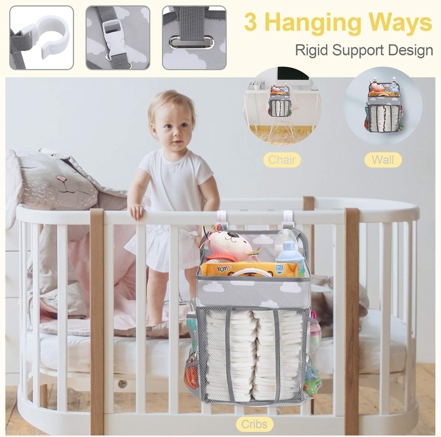 Accmor Hanging Baby Diaper Caddy Organizer, Diaper Stacker, Baby Crib Hanging Classified Storage Bag Organizer for Changing Table, Crib, Playard or Wall & Nursery Organization, Grey